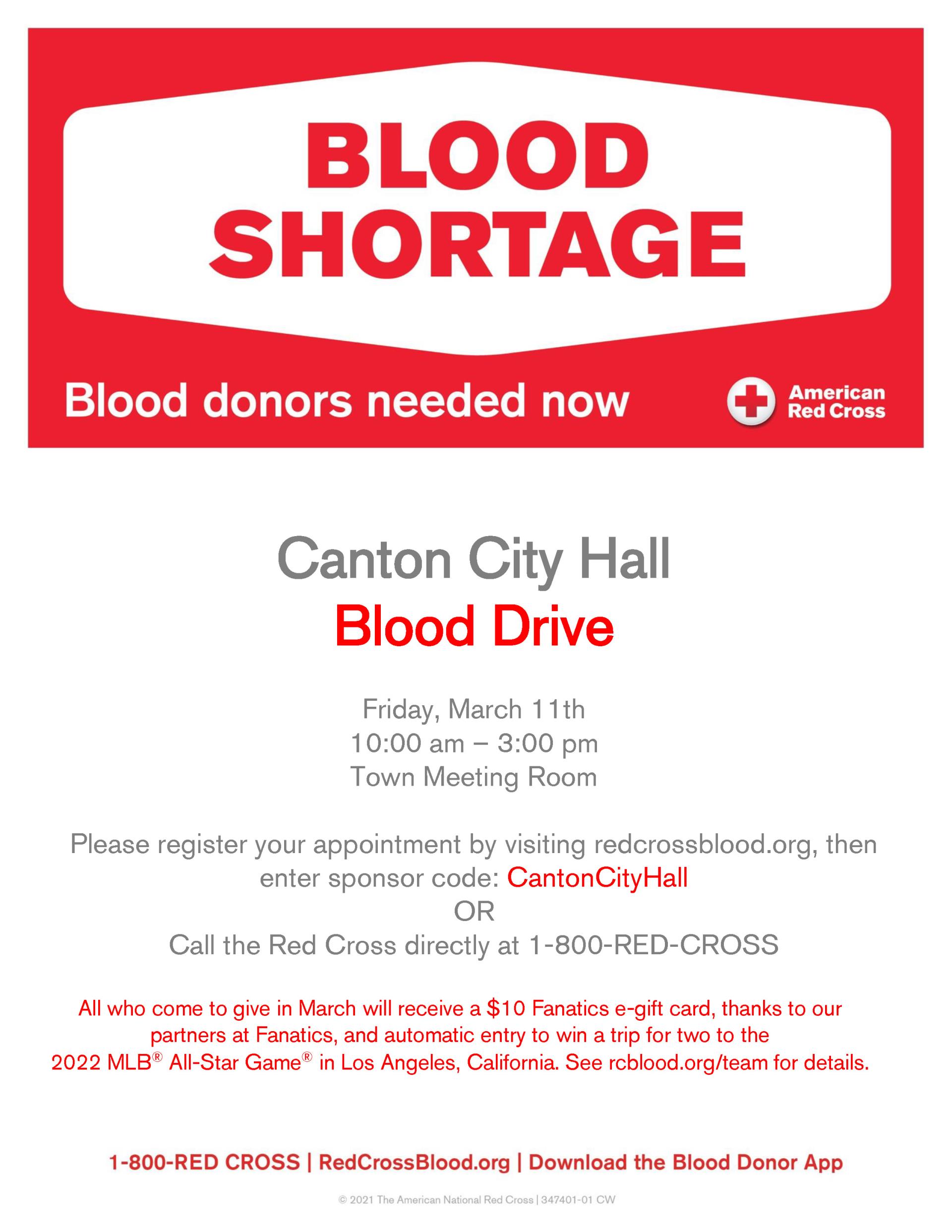 Canton City Hall blood drive 3.11.22